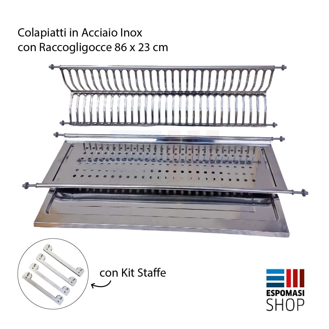 ESPOMASISHOP Scolapiatti In ACCIAIO INOX Da Incasso Con Vaschetta Raccogligocce MADE IN ITALY COMPLETO DI KIT STAFFE PER IL MONTAGGIO (SCOLAPIATTI + KIT 86 cm Montaggio 83 A 90 CM)
