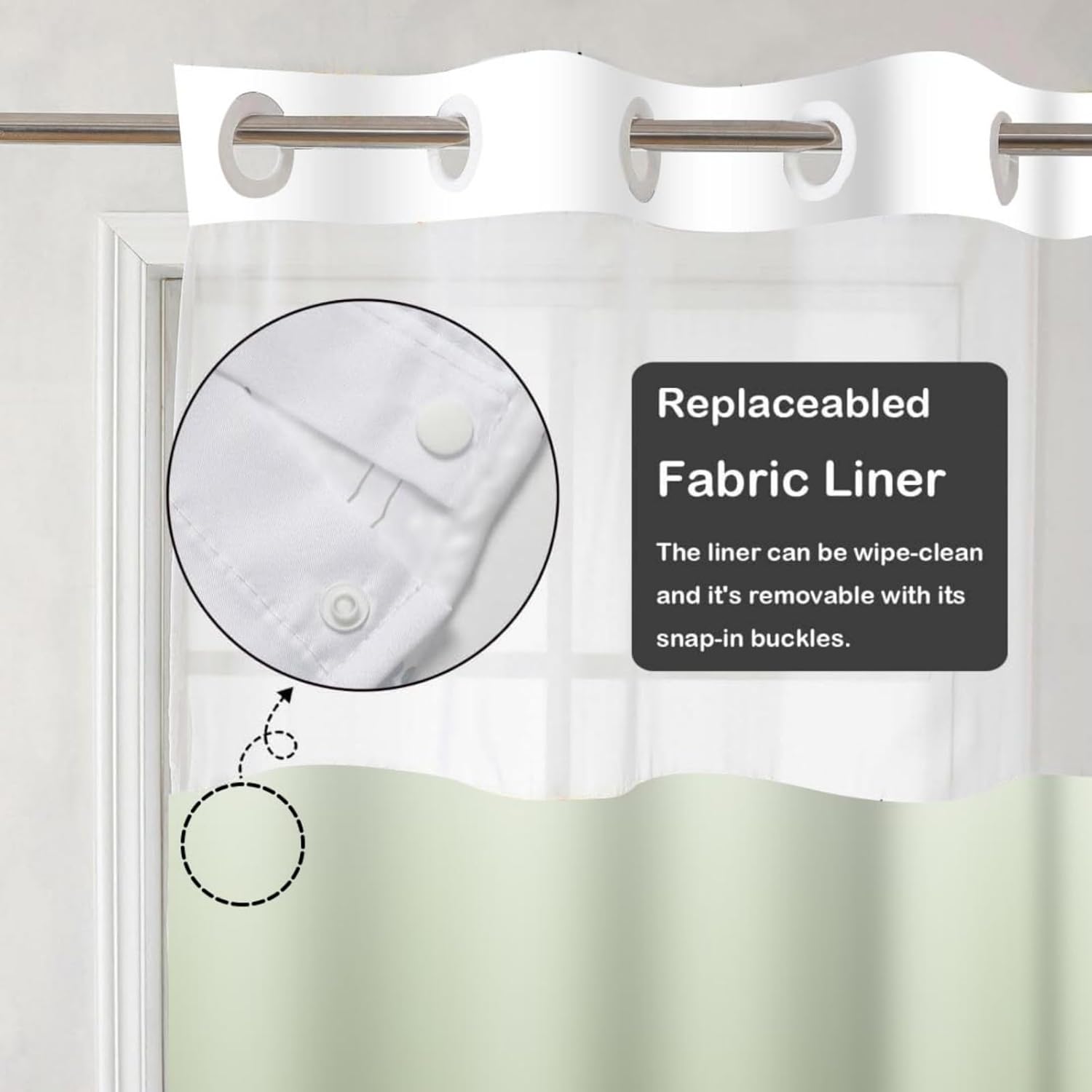 No Hook Shower Curtain with Snap in Liner, Ombre Green Shower Curtain Fabric Inner Liner with Mesh Top Window, Modern Decor for Home Luxury Hotel Bathroom, Waterproof & Washable, 71x84 Inches