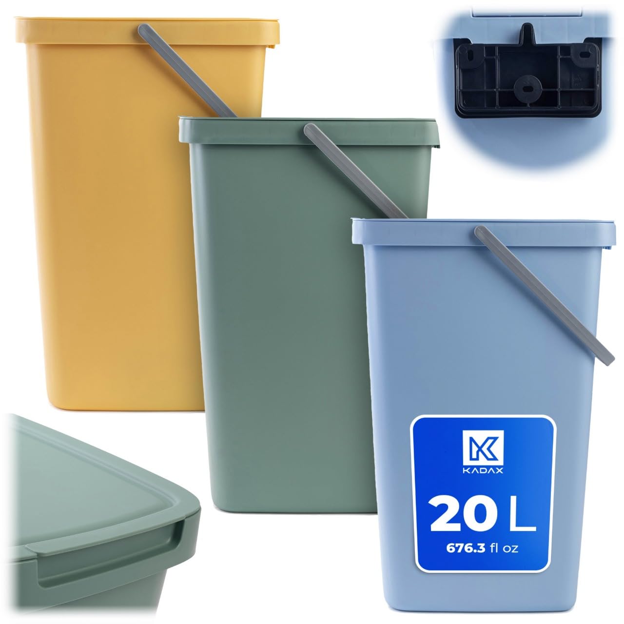 KADAX Pattumiera da 20L, Set di 3 pattumiere in plastica con coperchio e manico, pattumiera per la raccolta differenziata, pattumiera con coperchio ribaltabile (verde, giallo, blu)