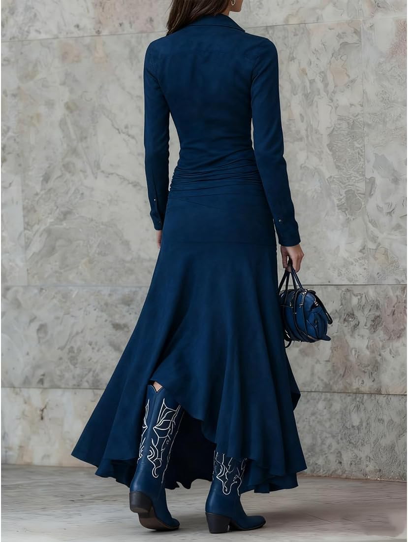 Womens Vintage Western Dresses Button Down V Neck Long Sleeve Maxi Dress Fishtail Hem Boho Suede Dress for Women - Image 4