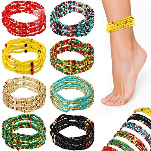 Junkin 8 Pcs Boho Handmade Beaded Anklets for Women African Multicolor Layered Stretch Seed Beaded Anklets for Women Elastic Boho Bracelets Glass Bead Elastic Foot Chain for Summer Foot Jewelry