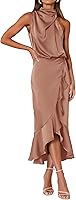 KIRUNDO Women's Satin Mock Neck Sleeveless Midi Dress Wrap Ruffle Formal Cocktail Wedding Guest 2026 Spring Summer