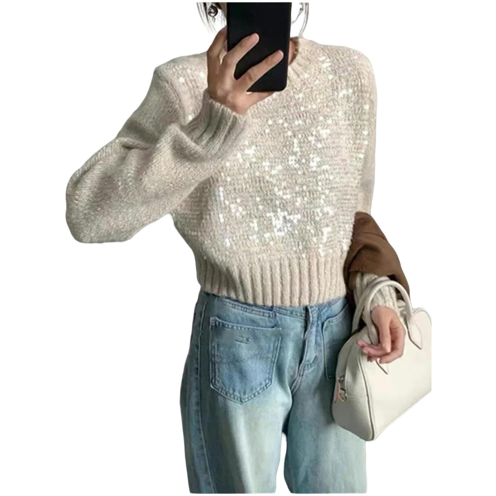 MdybF Damski sweter cekinowy sweter damski na jesień i zimę moda z długim rękawem okrągły dekolt sweter na co dzień dzianinowy sweter retro