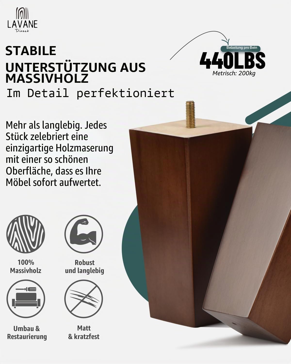 La Vane 30cm Massivholz Pyramide Möbelfüße mit M8 Bolzen 4 Stück Walnuss