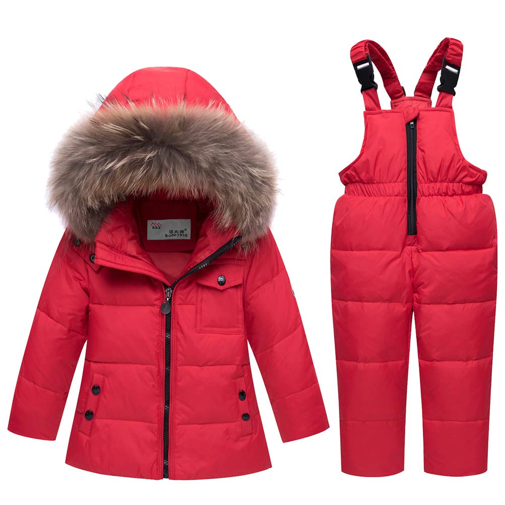 Unisex Baby Kids Puffer Winter Warm Snowsuit Jacket Hoodie Coat Down with Snow Down Bib Pants 2 Pieces Ski Outfit Set 0-5 Years