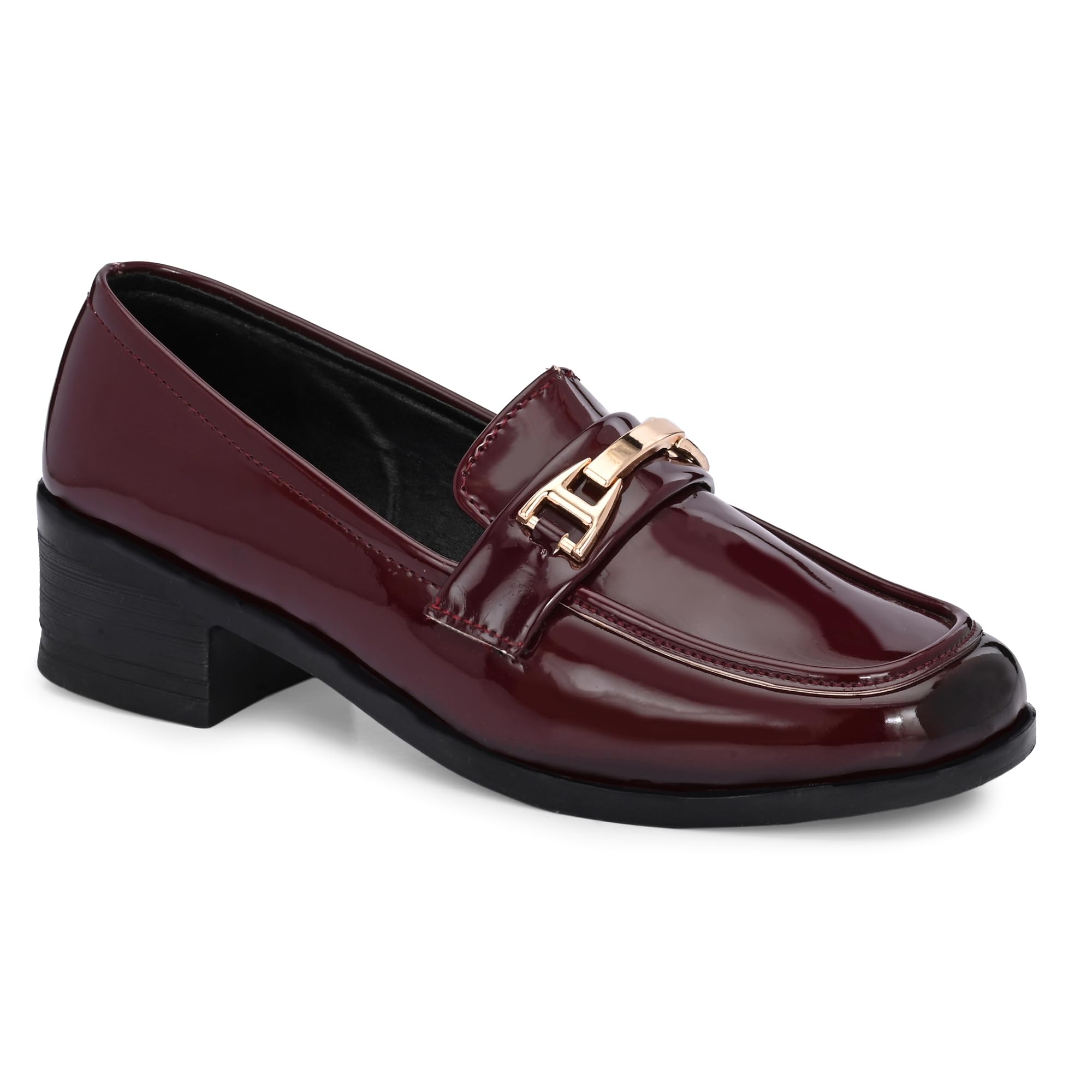 Stylish Chain Buckle Detail: Eye-catching Gold-Tone Metal Chain Buckle on the Vamp elevates a Classic Loafer Silhouette for a Premium, Fashion-Forward Look BLK/Burgundy UK3-UK8-picture-14