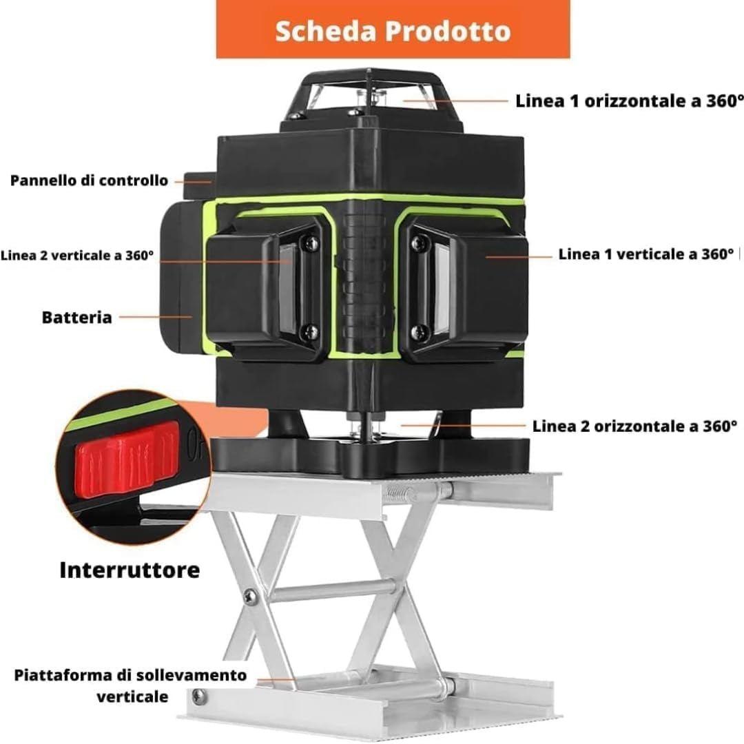 VAZY24 Kit 2 in 1: Livella Laser Verde 16 Linee 360° Autolivellante con Batterie e Accessori + Miscelatore Elettrico per Cemento, Malta e Vernici, 6 Velocità, Asta Tipo S