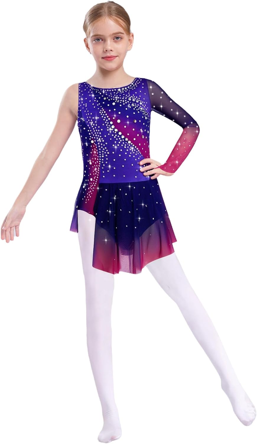 Agoky Kids Girls Figure Skating Dress Shiny Rhinestone Rhythmic Gymnastics Leotard Skirt for Performance Practice