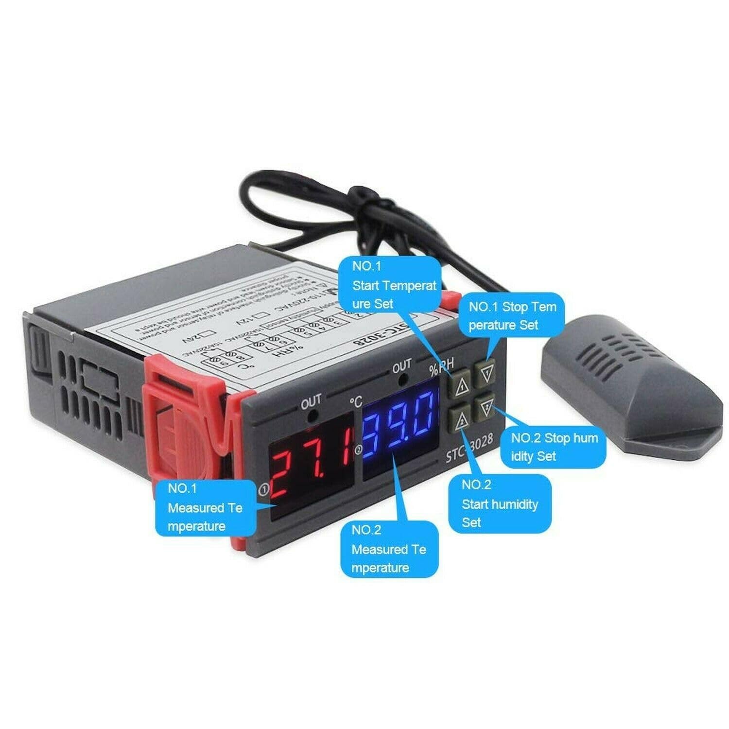 SATKIT Contrôleur Numérique Température Humidité STC-3028 220V Thermostat Hygromètre Relais 10A pour Incubateur Terrarium Réfrigérateur