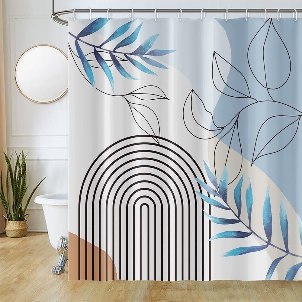 Uiiooazy Anti-Mould Shower Curtain, Shower Curtain 180 x 220 cm, Blue Bohemia, Abstract Stripes, Black Arch, Bath Curtain, Washable Fabric, Waterproof, Polyester, Bathroom Curtains with 12 Hooks