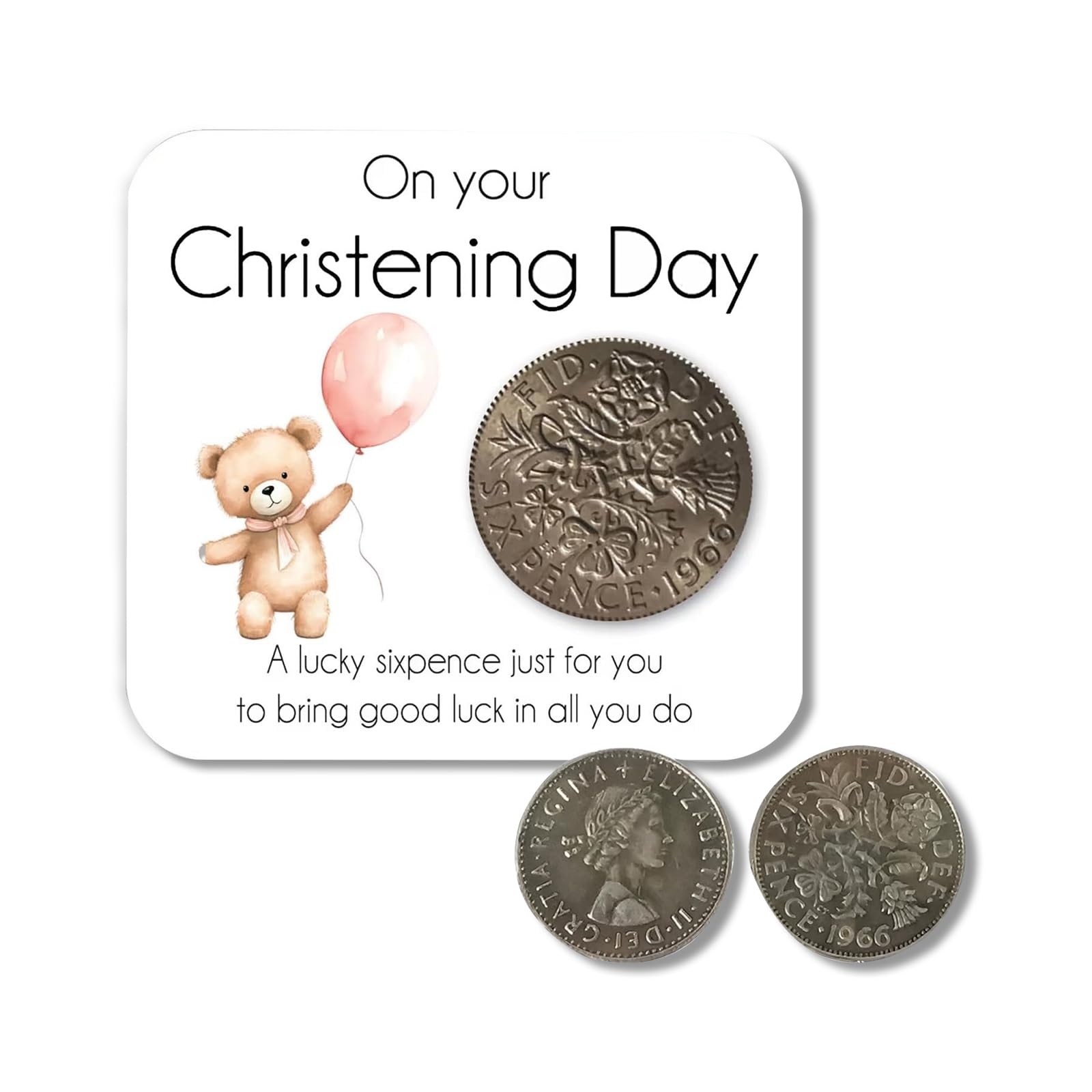 Plorede Unisex Infant Pink- Christening Gift Lucky Sixpence Silver Coin & Keepsake Card - 'On Your Christening Day' Blessing For Baby Girls, Daughter, Niece, Granddaughter - Traditional Baptism Present (Pink-)