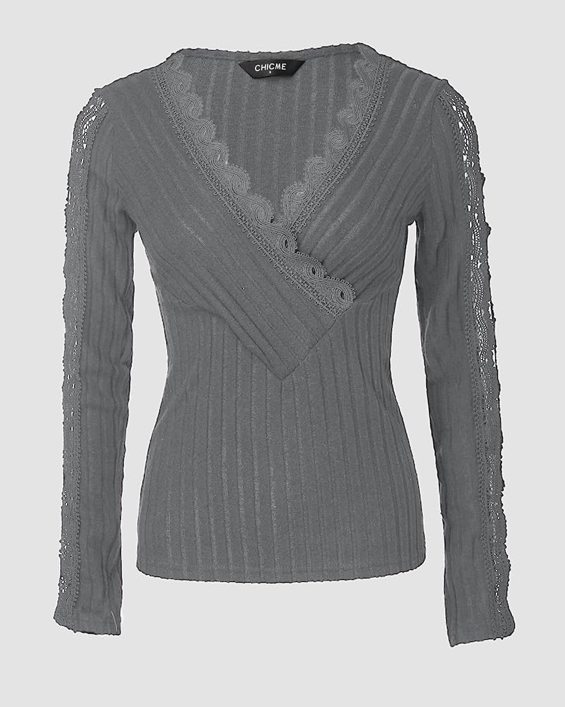Women's Shirt V-Neck Lace Patch Long Sleeve Elastic Slim Fit Top Solid Color Criss Cross Hollow Shirt