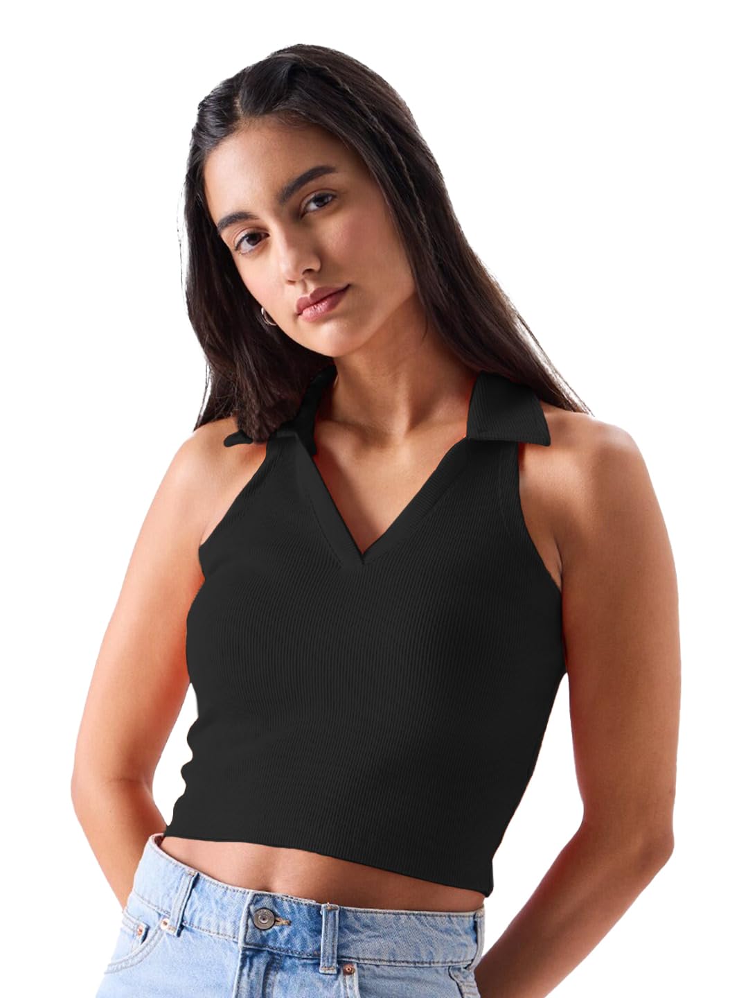 leotude Cotton Rib V-Neck Sleeveless Casual Crop Regular Fit Tank Top for Women-picture-42