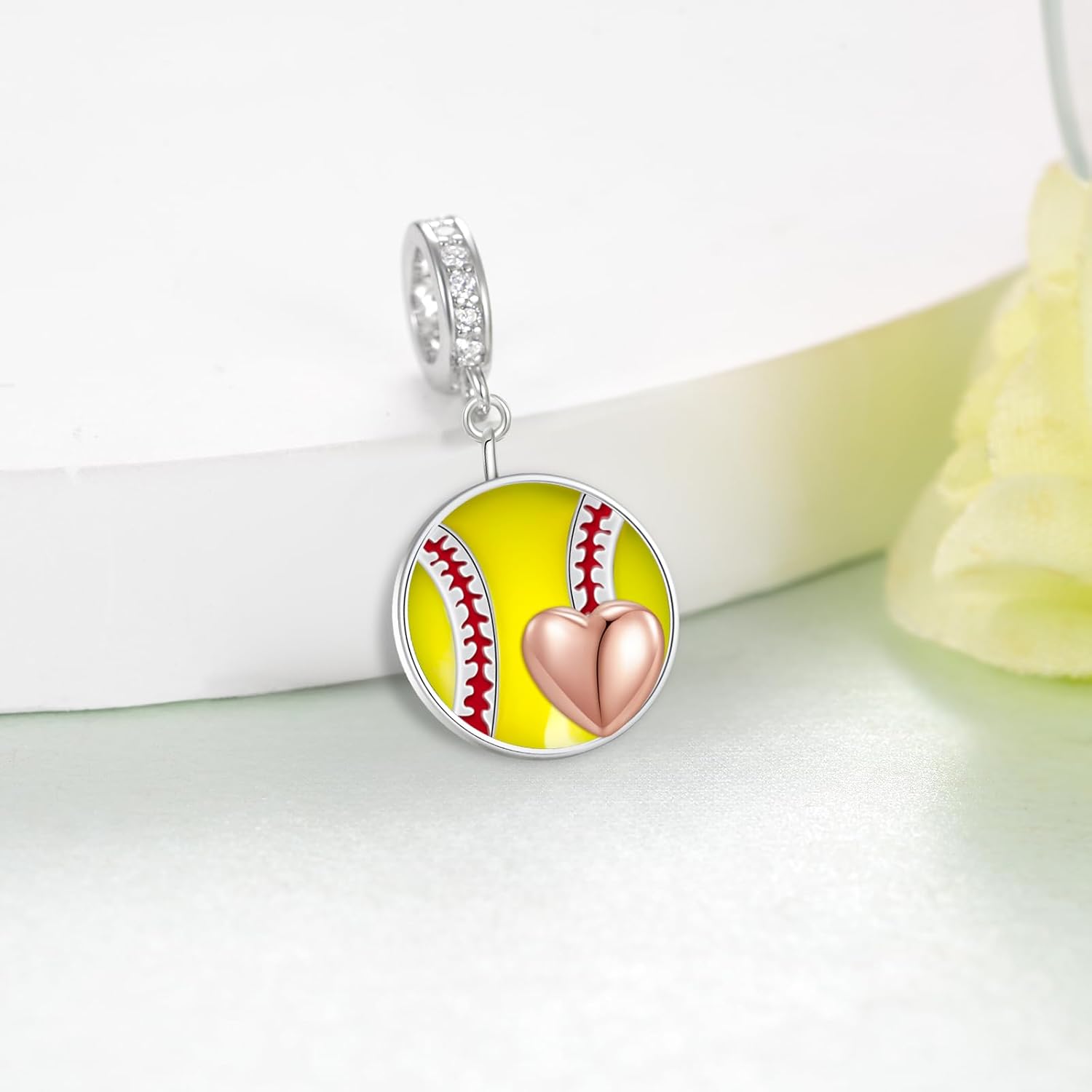 925 Sterling Silver Heart Softball Charm for Bracelets - Jewelry Gifts for Players
