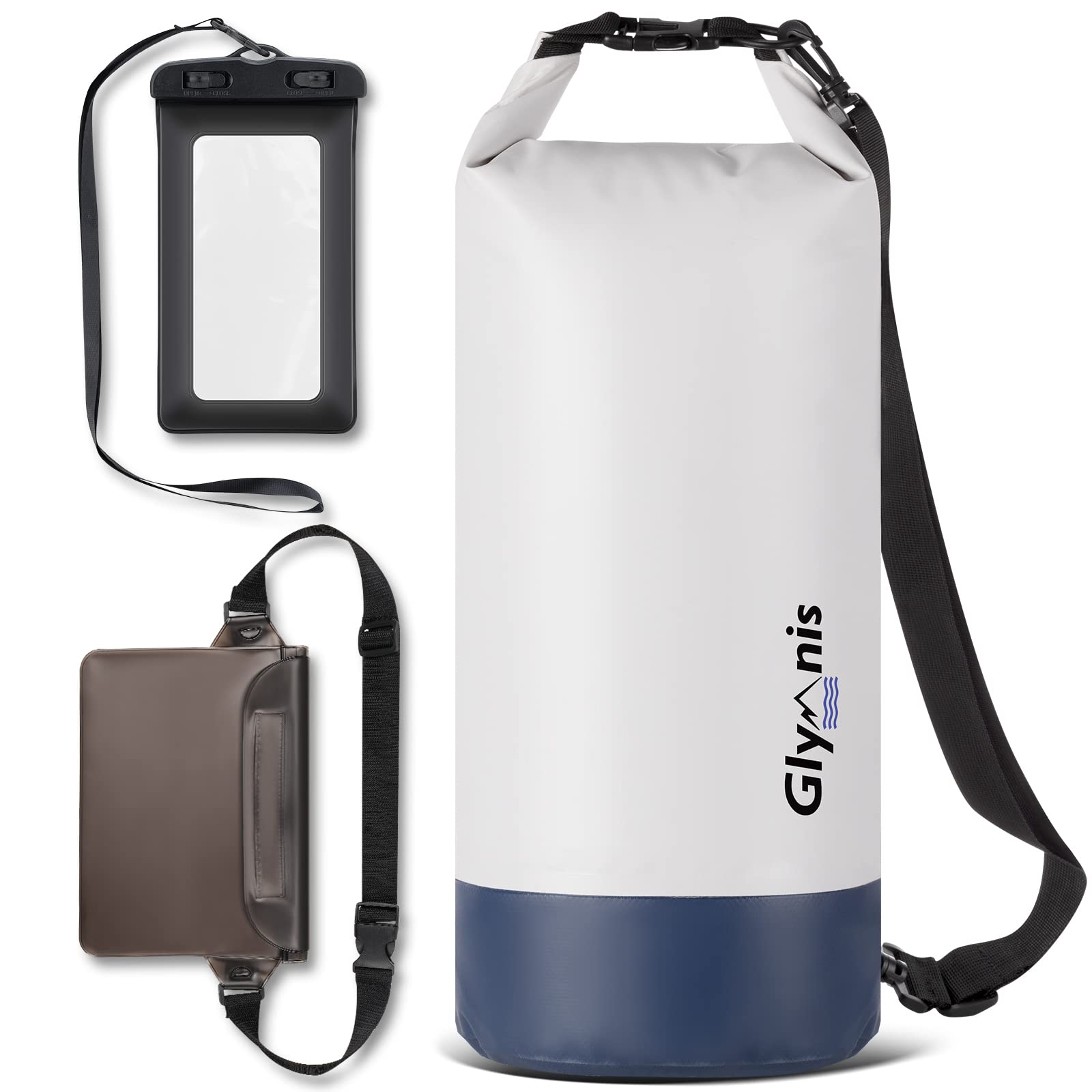 Glymnis Borsa Impermeabile con Tracolla Regolabile, 5L 10L 20L | 2 Custodie Cellulari, Tasca Interna, 3 in 1 Marsupio Impermeabile, Convient Barca Pesca Rafting Nuoto Kayak Campeggio