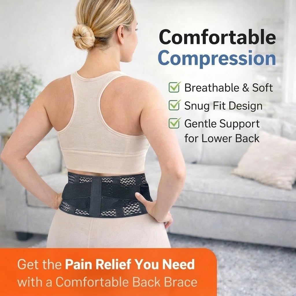 Breathable Thin Back Brace for Women, Adjustable Lower Back Support Belt for Everyday Pain Relief, Slim Low-Profile Lumbar Brace with Gentle Compression, Comfortable Under Clothes