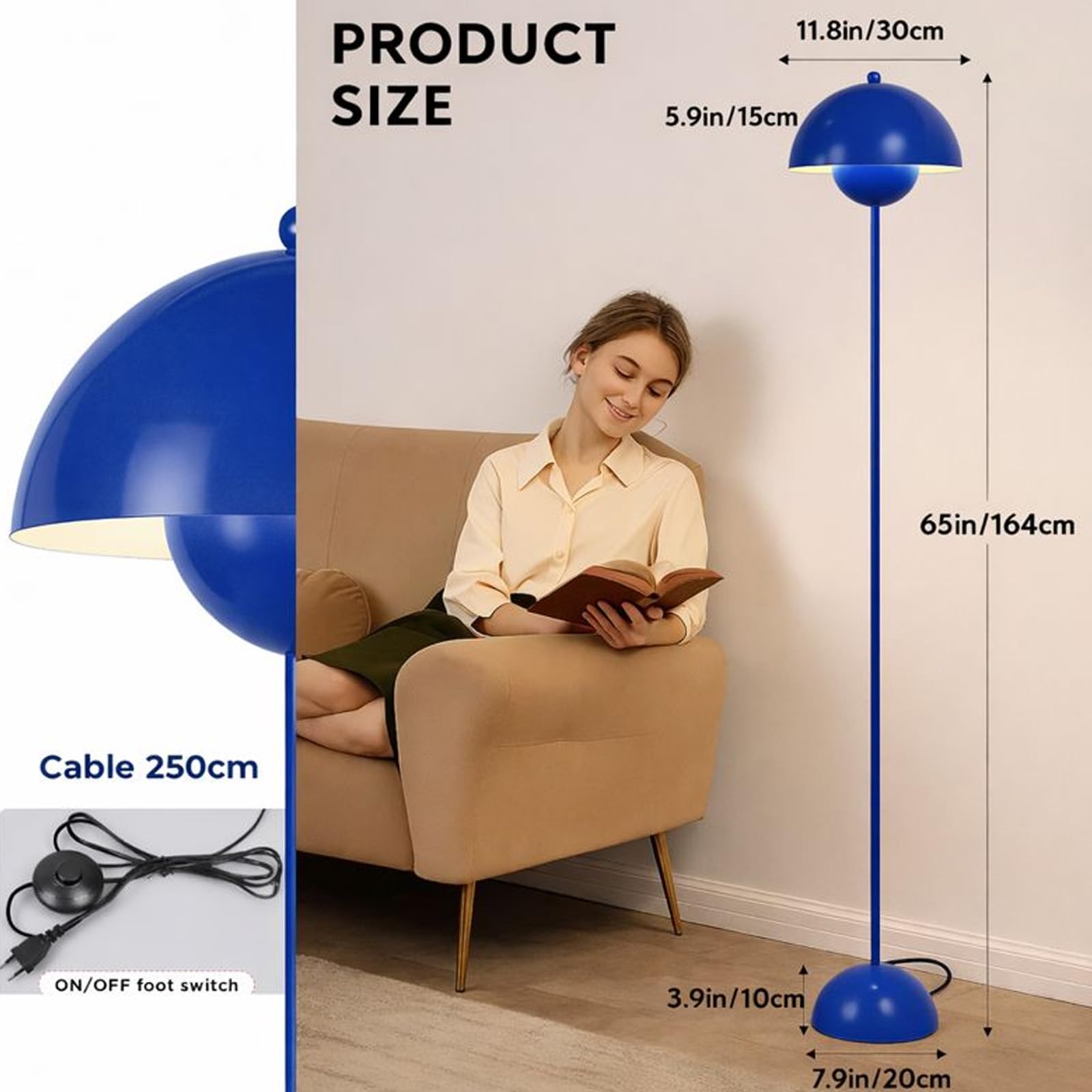 Alpinaluz Lampa stojąca ze stali z kopułowym kloszem – nowoczesny, nordycki i retro – oświetlenie pośrednie – oprawka LED E27 – przełącznik nożny do salonu, sypialni lub jadalni (błękit kobaltowy)