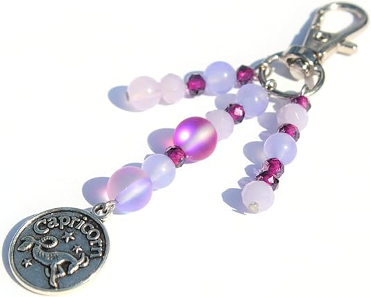 ZODIAC bag charm/CHOOSE your ASTROLOGICAL sign/personalized keyring clip/purple & fuchsia beaded rearview mirror ornament/gift for her