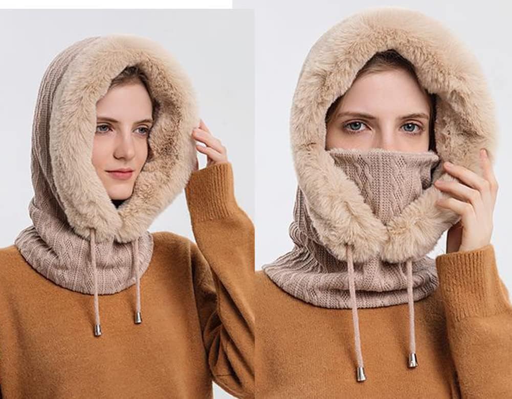 Women One Piece Slouchy Fleece Beanie Hats Scarf Mask Drawstring Warm Hooded Winter Balaclava Pullover Knitted Hat - Image 3