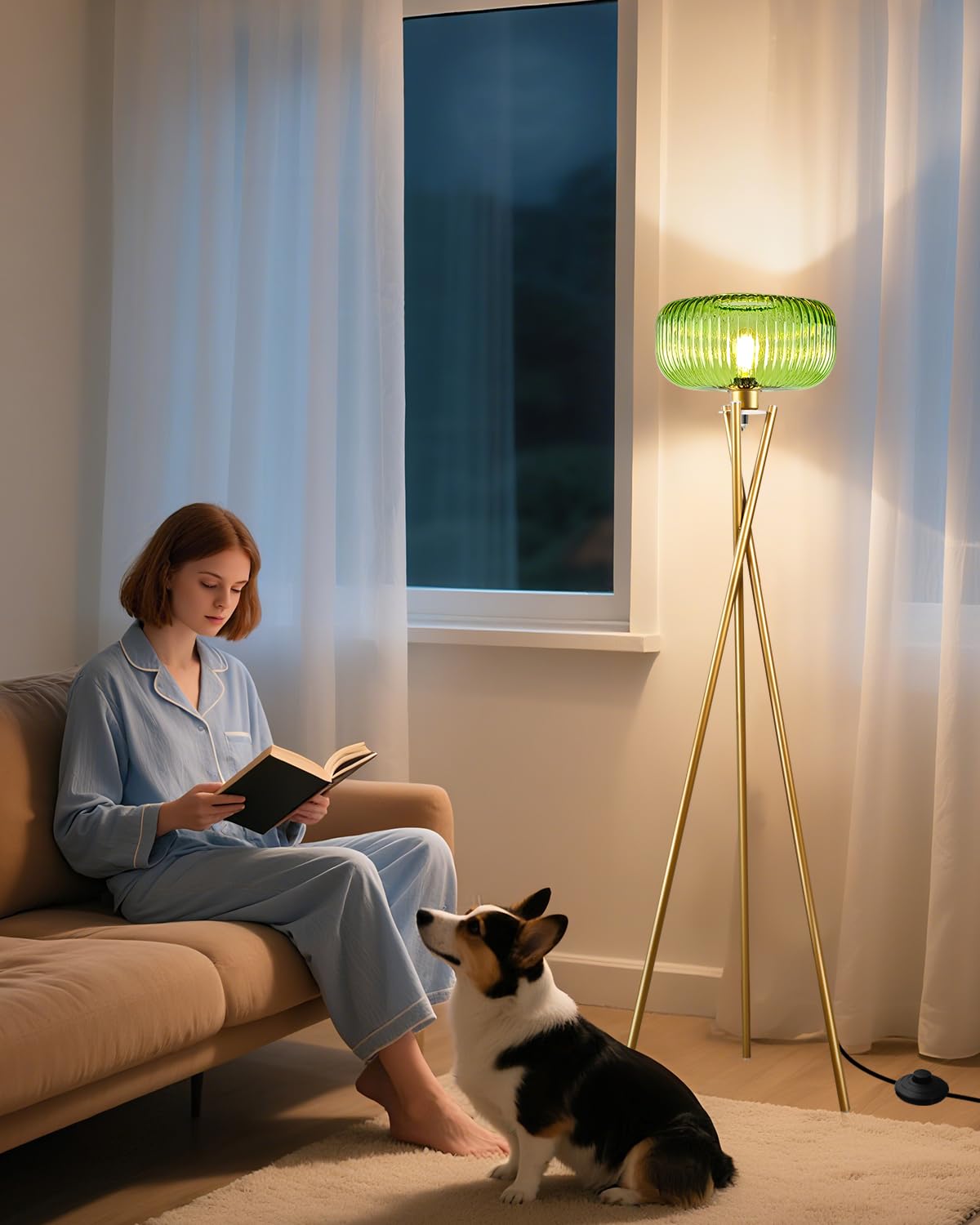 Lightdot Glass Tripod Floor Lamp for Living Room, Modern Gold Standing Lamp with Green Ribbed Glass Lampshade, Arc Tall Lamp for Bedroom Office