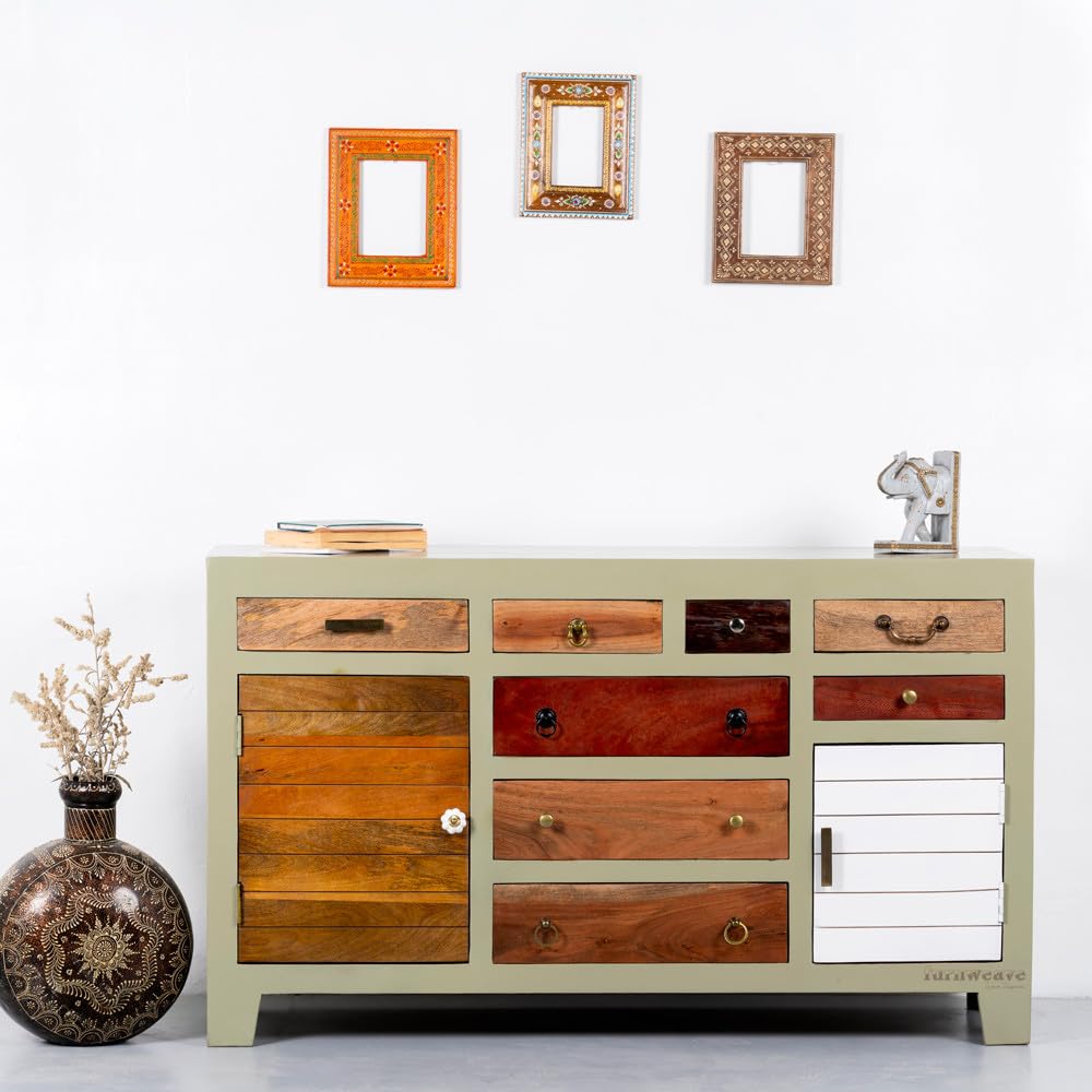Handcrafted Wooden Sideboard Cabinet for Living Room | Solid Mango Wood Sideboard Table with 8 Drawers & 2 Doors | Antique Storage Cabinet Furniture for Home (Dark Green)-image-26
