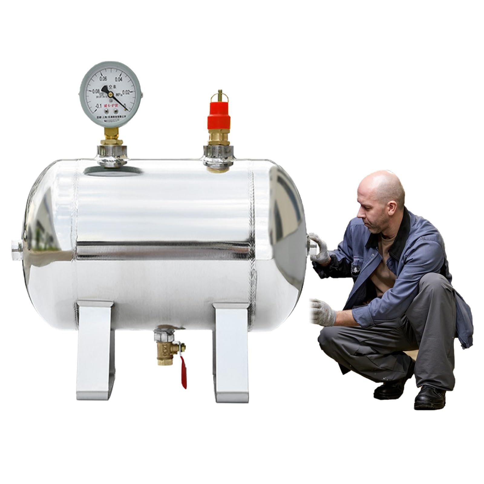 Réservoir de stockage d'air comprimé en acier inoxydable, réservoir de compresseur d'air de réserve horizontal pour laboratoire/usine/atelier de réparation automobile(20L/48x28x34cm)