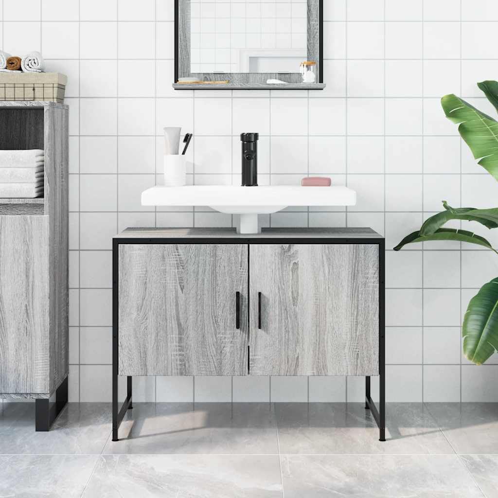 Armario para debajo del lavabo Sonoma, 80 x 33 x 60 cm, material de madera con marco de acero pulverizado, moderno y robusto, mueble de baño para baño pequeño, con soporte de pared para