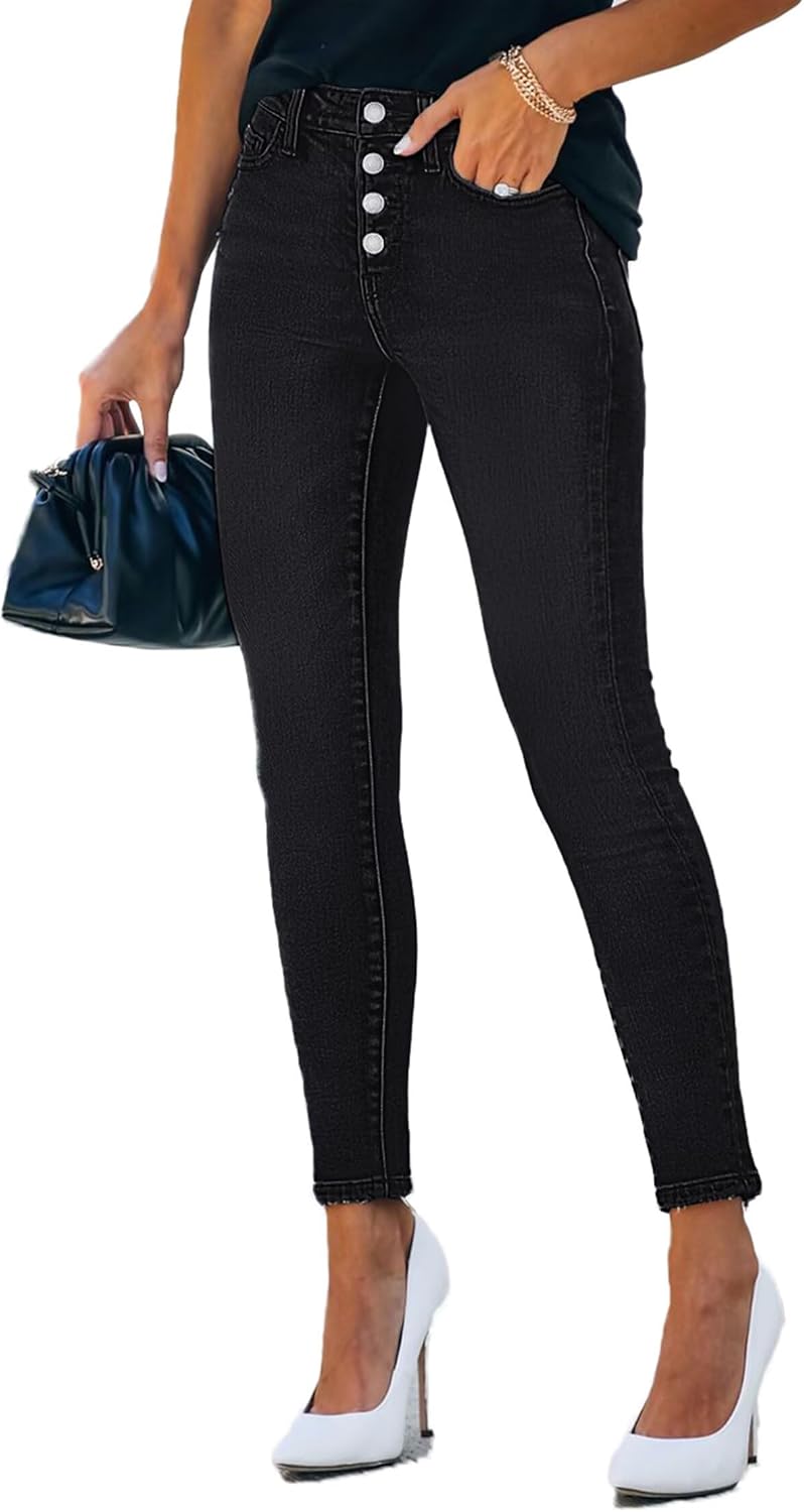 Allimy Women's High Rise Skinny Stretch Button Ripped Jeans High Waisted Destroyed Denim Pants - Image 2