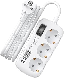 Ciabatta elettrica con USB 3.4A 17W, 3 prese, con protezione da sovratensione, 4000 W, presa con 4 USB (2 USB-C), 3 metri, ciabatta a parete per casa, ufficio, bianco