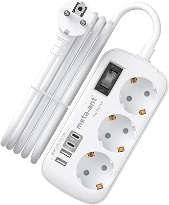 Ciabatta elettrica con USB 3.4A 17W, 3 prese, con protezione da sovratensione, 4000 W, presa con 4 USB (2 USB-C), 3 metri, ciabatta a parete per casa, ufficio, bianco
