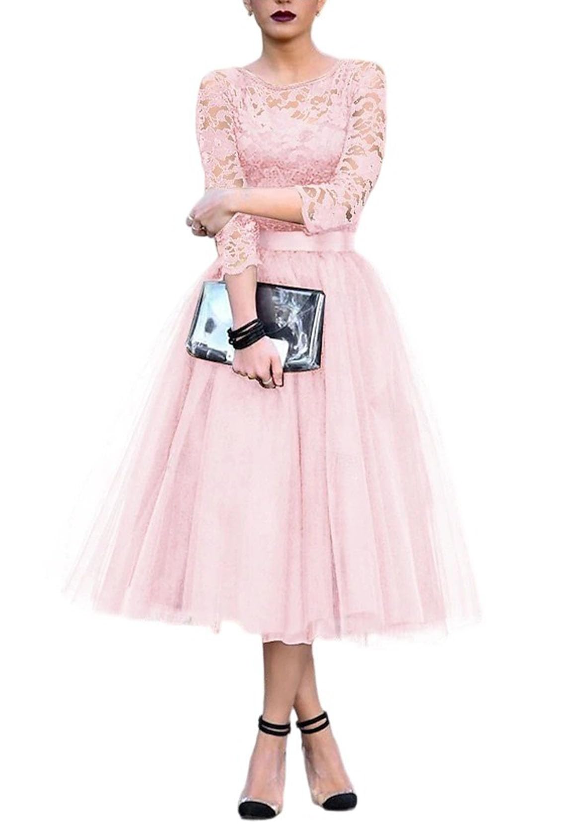 A-Line Elegant Cocktail Dresses Jewel Neck 3 4 Length Sleeve Tea-Length Wedding Guest Dress Tulle with Pleats 2025