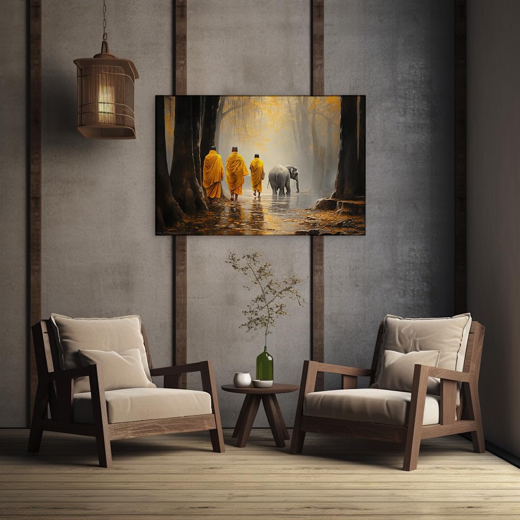Canvas for Living room. Mystic March in Mist: Monks and Elephants in Harmonious Forest Procession, 27 x 18 inch Canvas Wall Art - Nature Home Decor