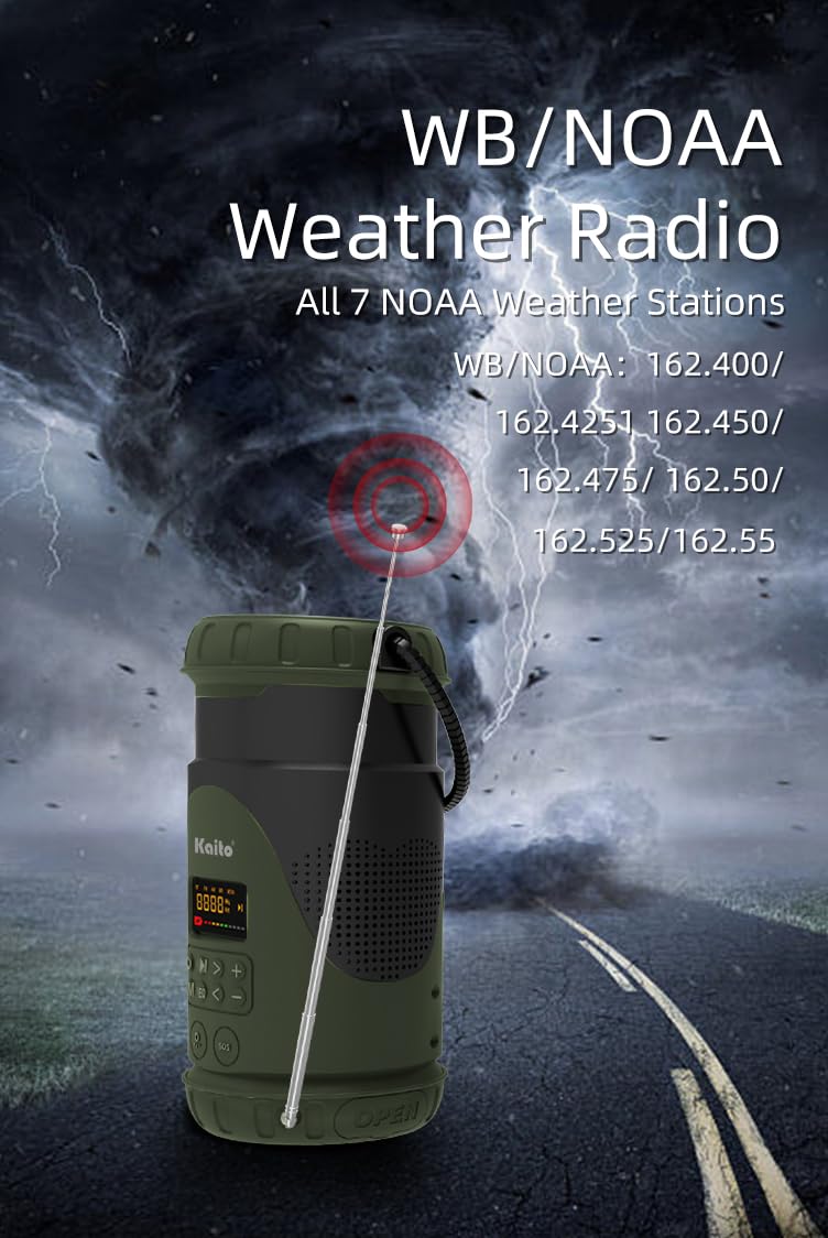 Kaito KL101 Linterna y linterna de emergencia para camping, manivela y energía solar, batería recargable de 5000 mAh, radio AM/FM/clima, impermeable, alarma SOS, carga USB