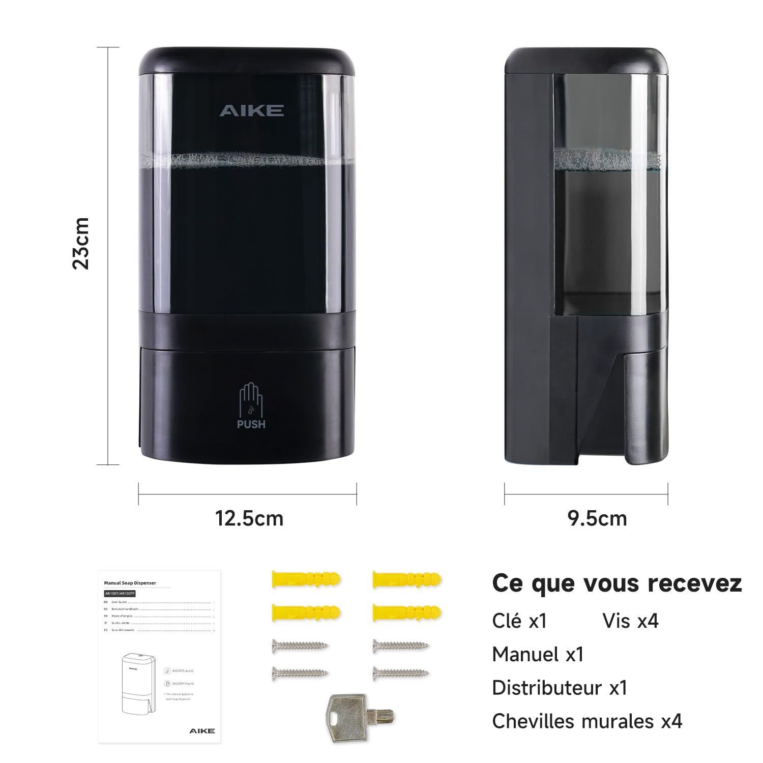 AIKE Distributeur de Savon Liquide Commercial 1200ML Grande capacité, Pompe Manuelle Murale avec verrou et fenêtre Transparente, Idéal pour Les Bureaux, Les espaces industriels et Les salles de Bains