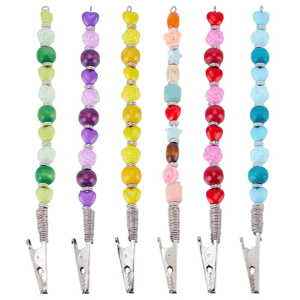 DELORIGIN 6pcs Credit Card Clip Pullers Acrylic Heart Flower Beads Credit Card Clip Pullers Natural Maple Wood Credit Card Grabber Beaded Keychain Card Grabber ATM Card Clip for Bank Card