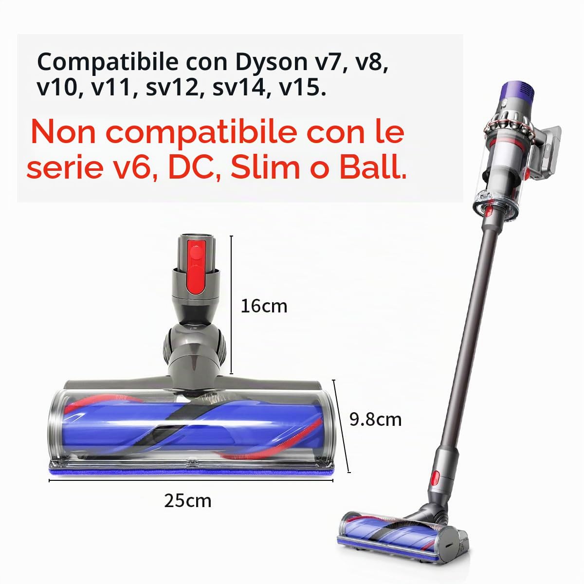 YanBan Spazzola Motorizzata Spazzola a Turbina Compatibile con Dyson aspirapolvere Senza Fili V7 V8 V10 V11 V15, Testina Turbo Elettrica di Ricambio per Spazzole per Pavimenti V7 V8 V15 Accessori