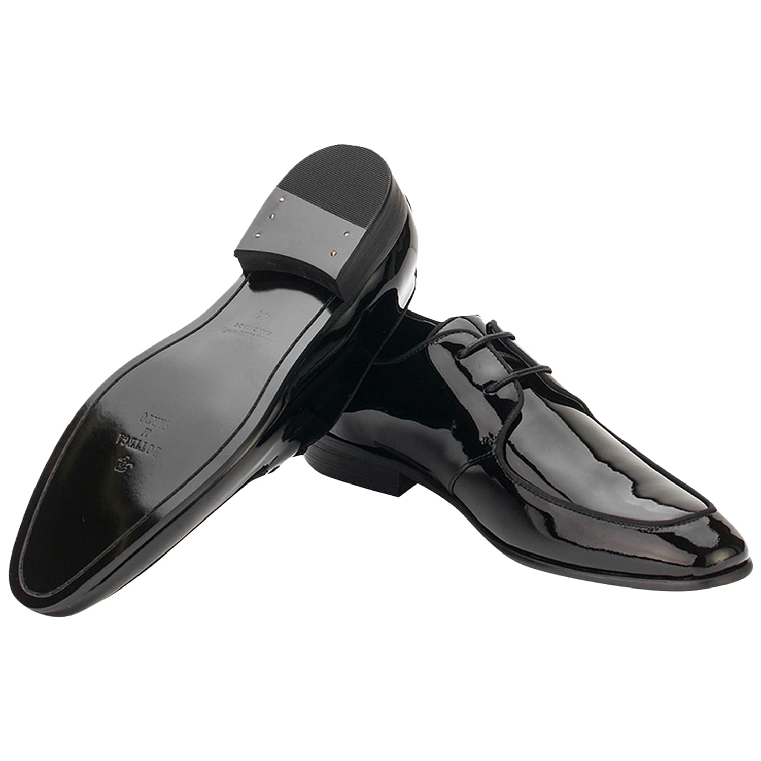 Bottega del Sarto Scarpa Derby da Smoking in Pelle Verniciata Nera con Suola in Cuoio Sartoriale