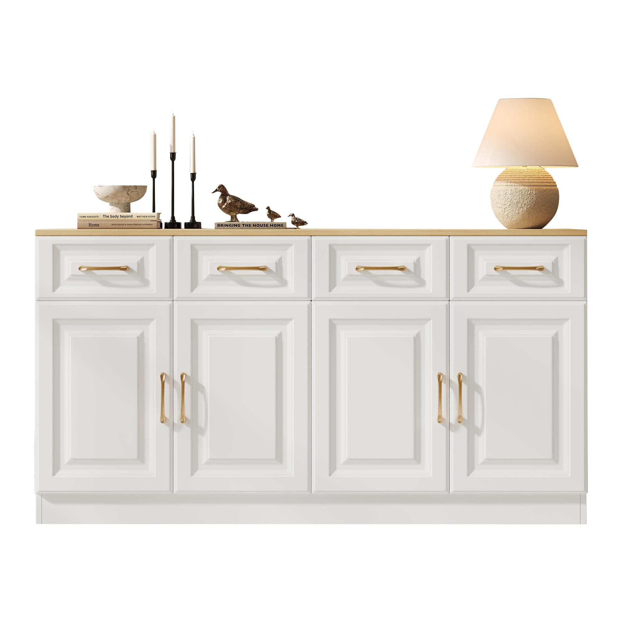 I0I&I0I Sideboard Weiß Eiche, Buffetschrank mit 4 Schubladen & 4 Türen im Landhausstil, Kaffeebar & Lagerschrank aus Holzoptik für Küche, Esszimmer & Wohnzimmer (140x40x75 cm)
