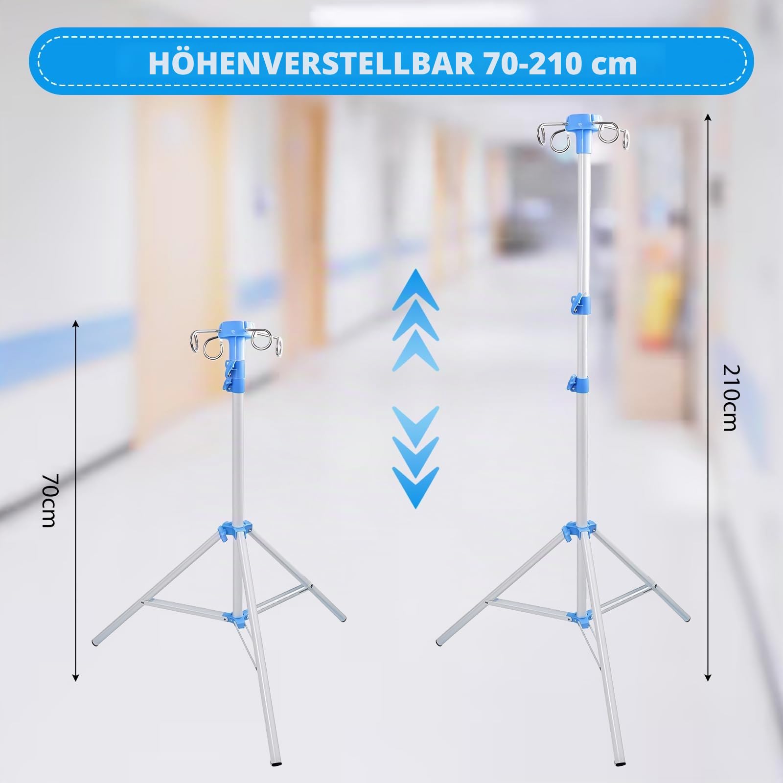 Klappbar Infusionsständer mit 4 Haken und 3 Netzbeuteln IV Ständer Höhenverstellbar von 70-210 cm Tragbarer Aluminiumlegierung Infusion Halterung für Zuhause Pflegeheime Klinikum, Weiß