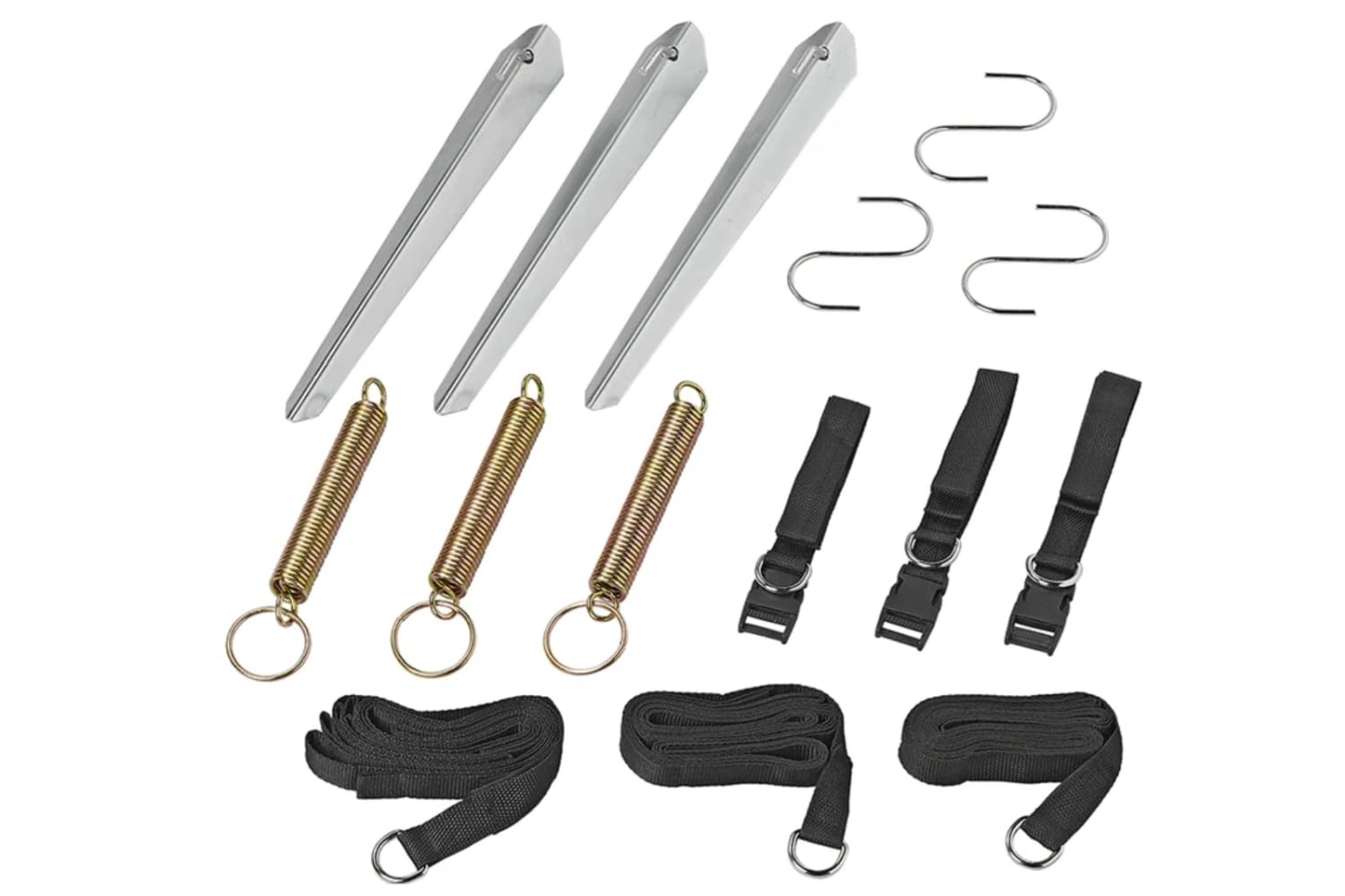 ProPlus 361724 Abspannset für Vorzelt 3X 5,10 cm inkl. 3 Zugfedern, 3 Zeltheringe und 3 S-Haken Abspannseile und Sturmsicherungen für Markisen – Ideale Lösung für Camping Sturmbänder Sturmband. | 3 Sturmgurte (400 cm + 110 cm), 3 Zugfedern, 3 Zeltheringe,