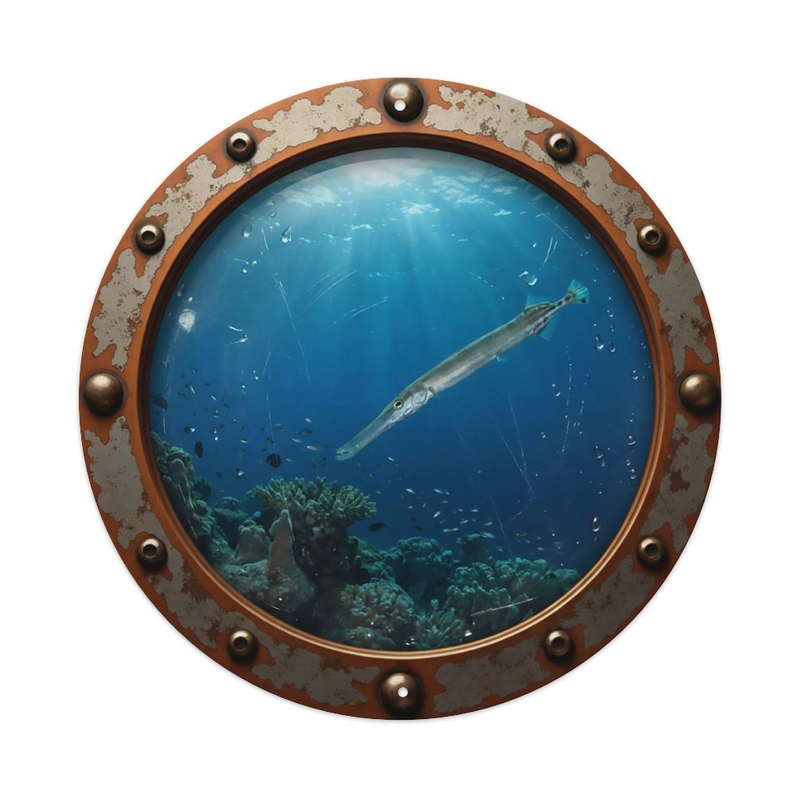 Odgynaw 8X8inch(20X20cm) Vintage Porthole Trumpetfish Nautical Window View Metal Tin Sign