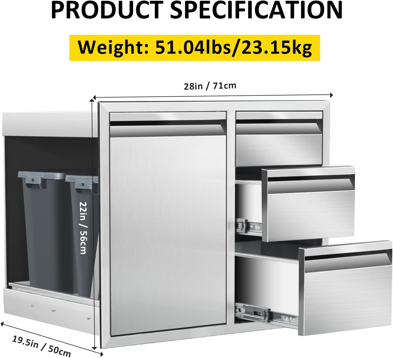 Outdoor Kitchen Door Drawer Combo with BBQ Access Door & Triple Drawers, Cabinet 28" W x 22" H x 19.5" D for Outdoor Kitchen Island. (Drawer and Left Trash Drawer Combo)