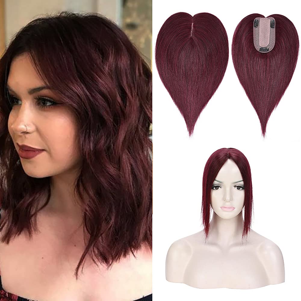 SEGO 100% Real Human Hair Toppers for Women Silk Base Clip in Crown Topper 150% Density Top Hair Pieces Wiglets Hairpieces for Thinning Hair/Hair Loss Cover Gray Hair 12 Inch 99J Wine Red