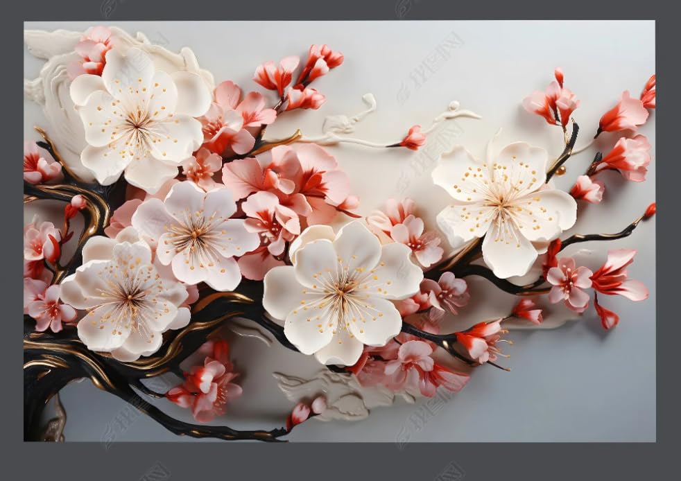 Papier peint panoramique branches fleurs prunier blanc 150x105