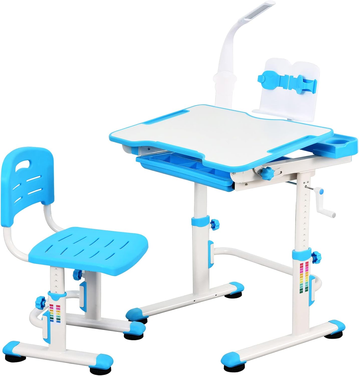 UNICOO Adjustable Kids Desk & Chair Set with LED Lamp, Premium Quality, Crank Height Adjustable Study Desk, Tilt Desktop, Spacious Storage Drawer, New Anti-tip Designed Bookstand & Safe Chair