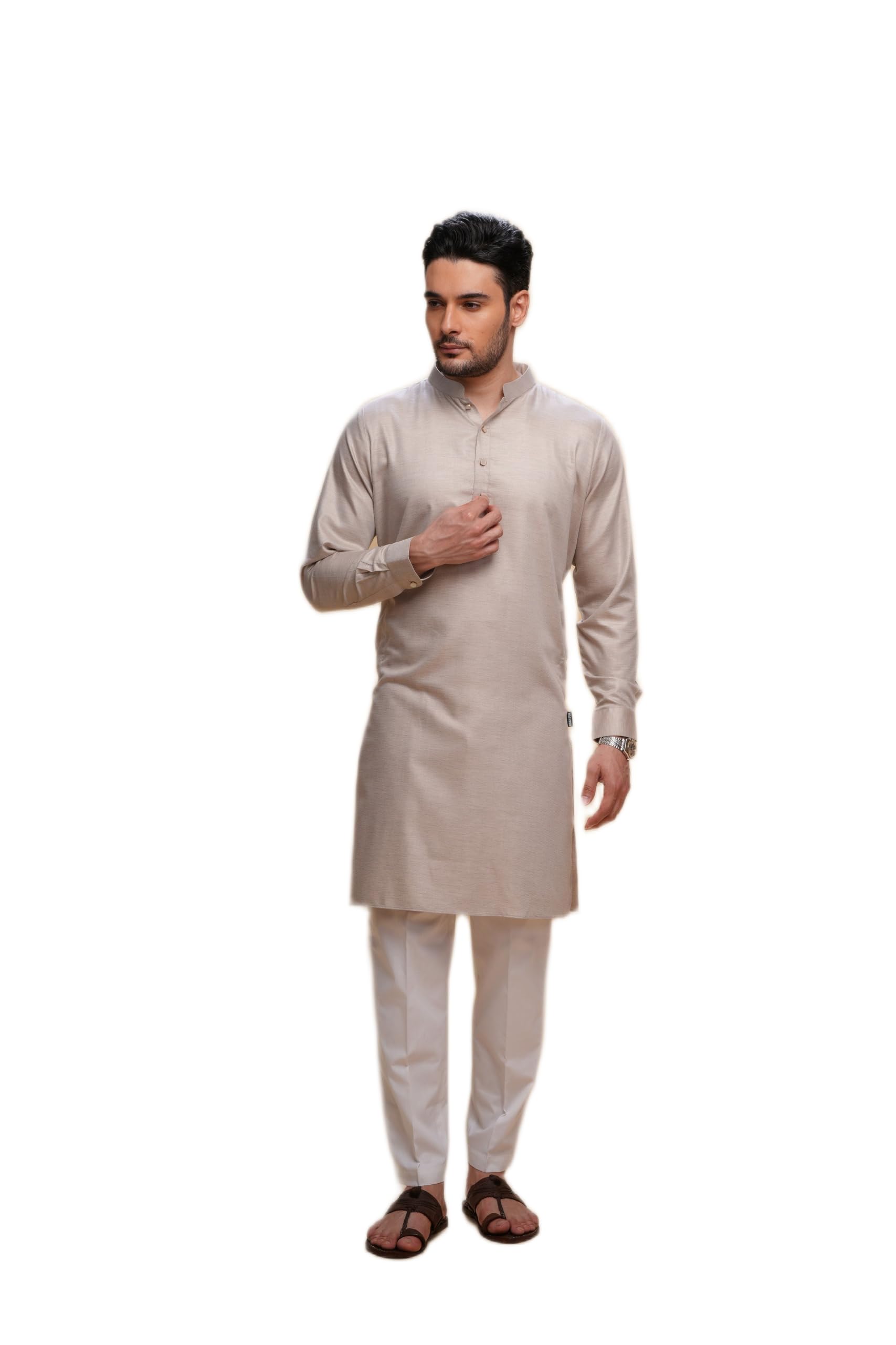 mashroo Men Kurta Pajama Set Peach Small Poly Bamboo with Pajama for Weddings and Festivals, Band Collar-picture-19