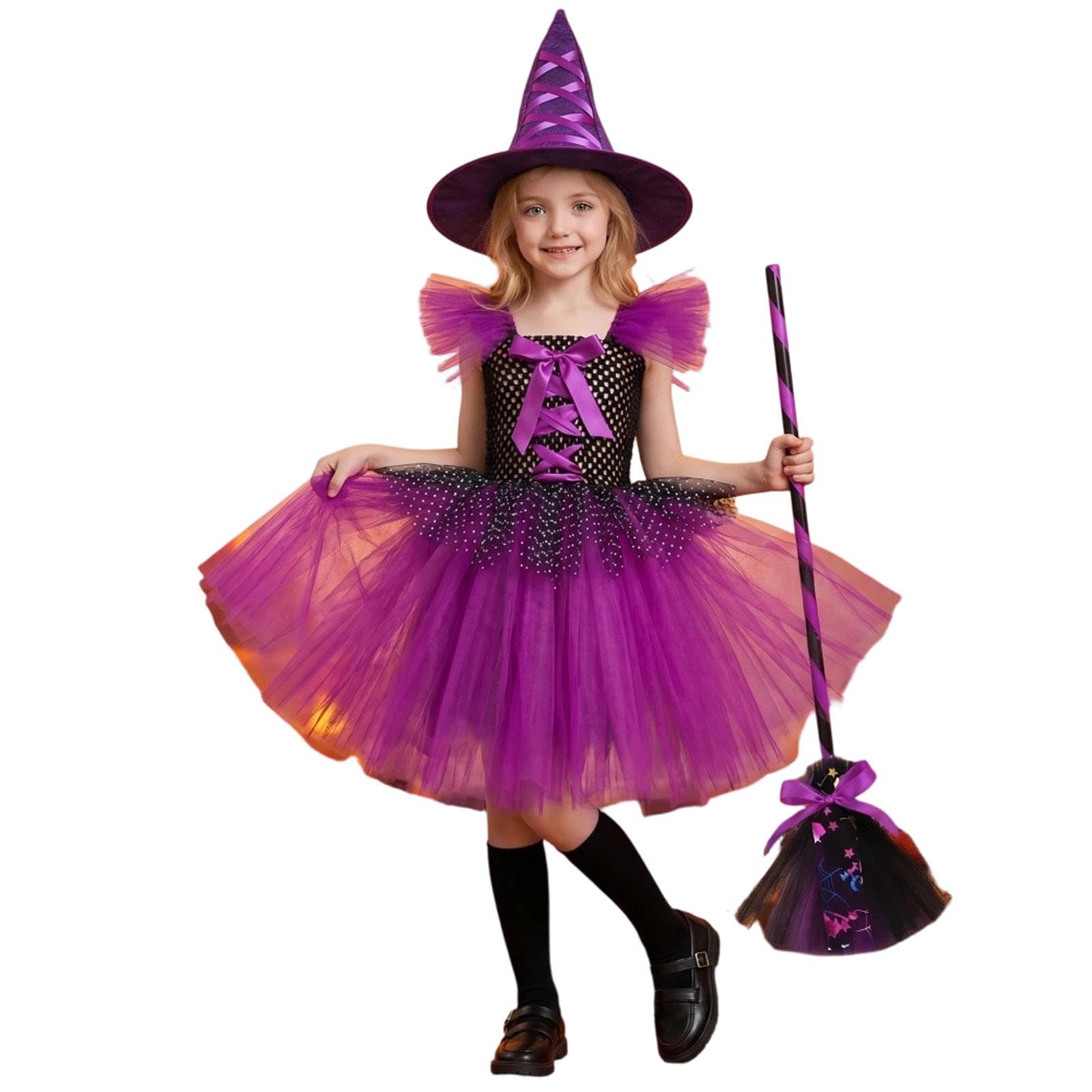 Hexen Kostüm Mädchen Halloween Kostüm Mädchen Karneval Cosplay Halloween Fasching Party Outfits Lila Set Mit Hut Besen Rock Und Umhang Violett Prinzessin Kleid Kinder Witch Costume