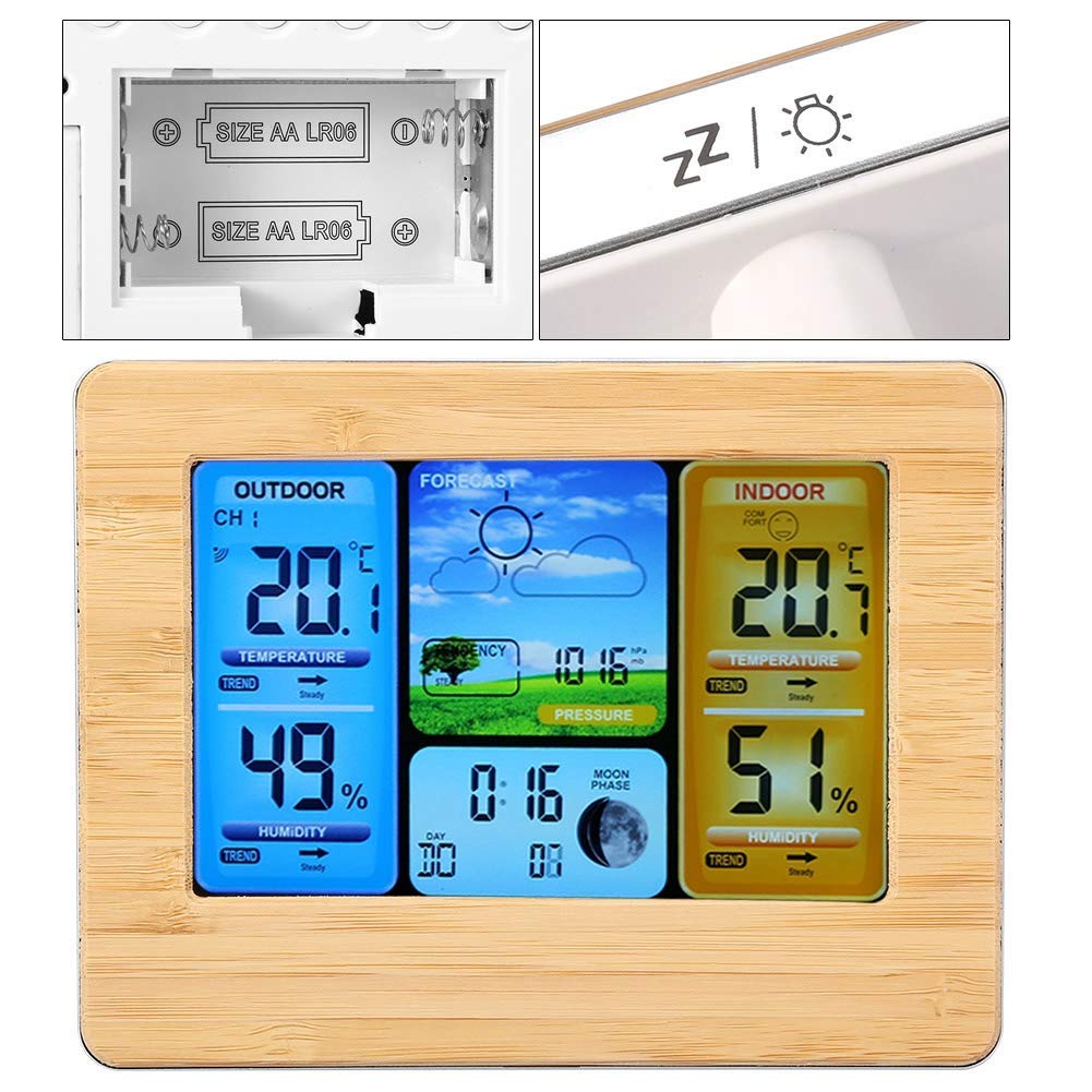Bezprzewodowa stacja pogodowa z czujnikiem zewnętrznym, cyfrowy termometr wewnętrzny/zewnętrzny LCD i higrometr, zegar 12-/24-godzinny, fazy księżyca, alarm przymrozkowy, wyświetlacz prognozy pogody
