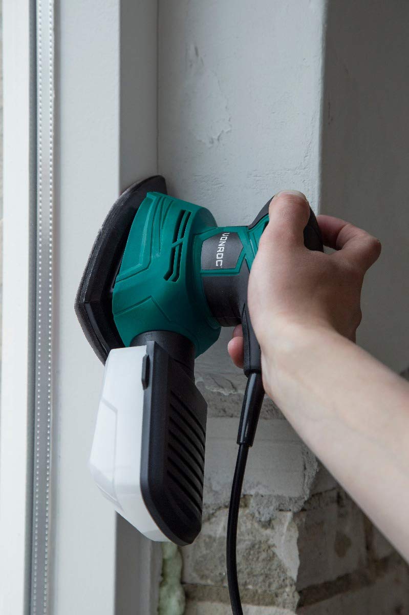 VONROC Levigatrice triangolare multifunzione mouse, 130W. Include contenitore di raccolta della polvere e 6 fogli abrasivi