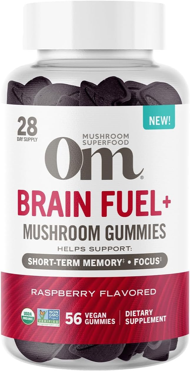 OM MUSHROOM SUPERFOOD Organic Mushroom Gummies – Functional Adaptogen Supplements for Immune Health, Energy, Gut Support & Stress Relief - Lion’s Mane Blend – Brain Fuel – Raspberry Flavor | 56 CountUSDA Organic